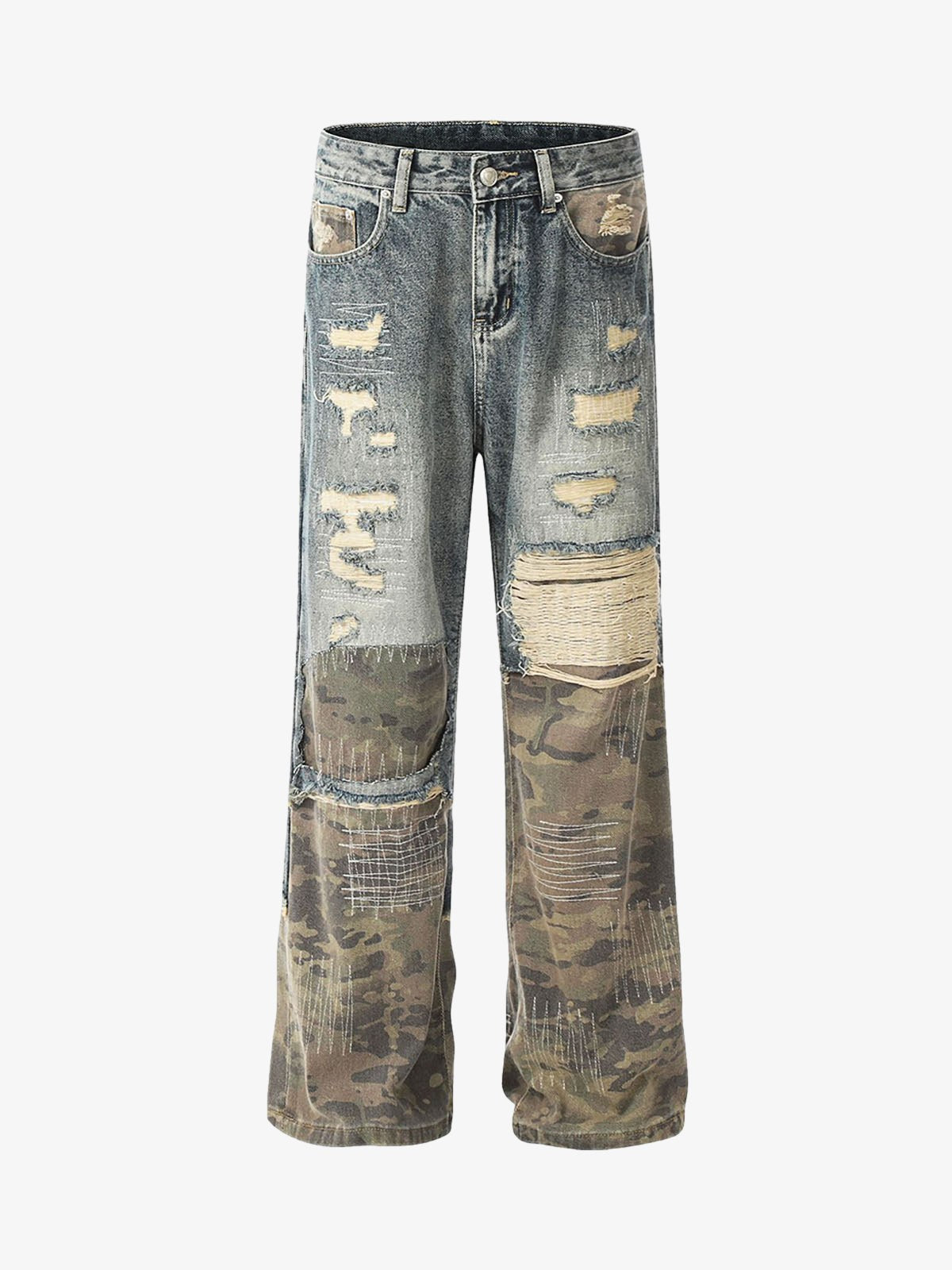 Kamuflaj Yamalı Ripped Baggy Jean