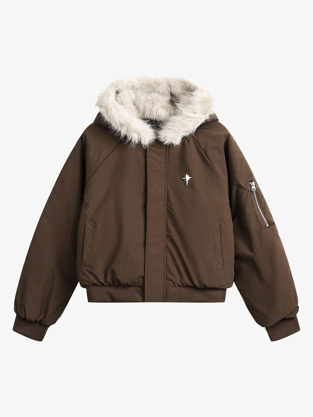 Retro Kürklü Kapüşonlu Fleece Bomber Ceket