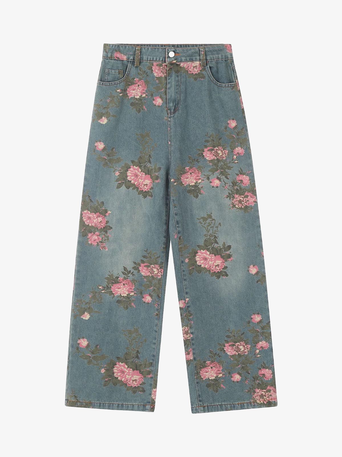 Retro Çiçek Baskılı Straight Jean
