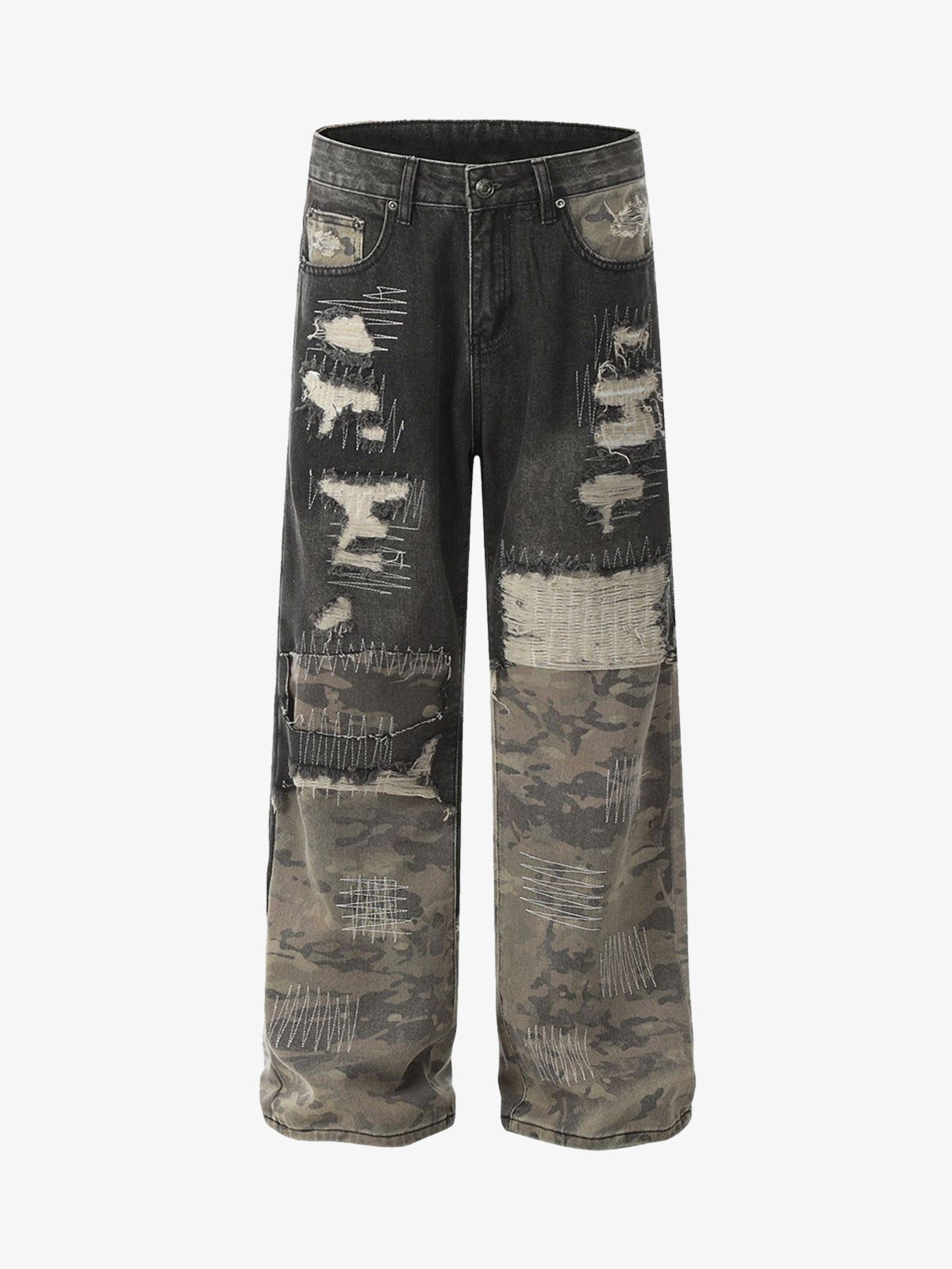 Kamuflaj Yamalı Ripped Baggy Jean