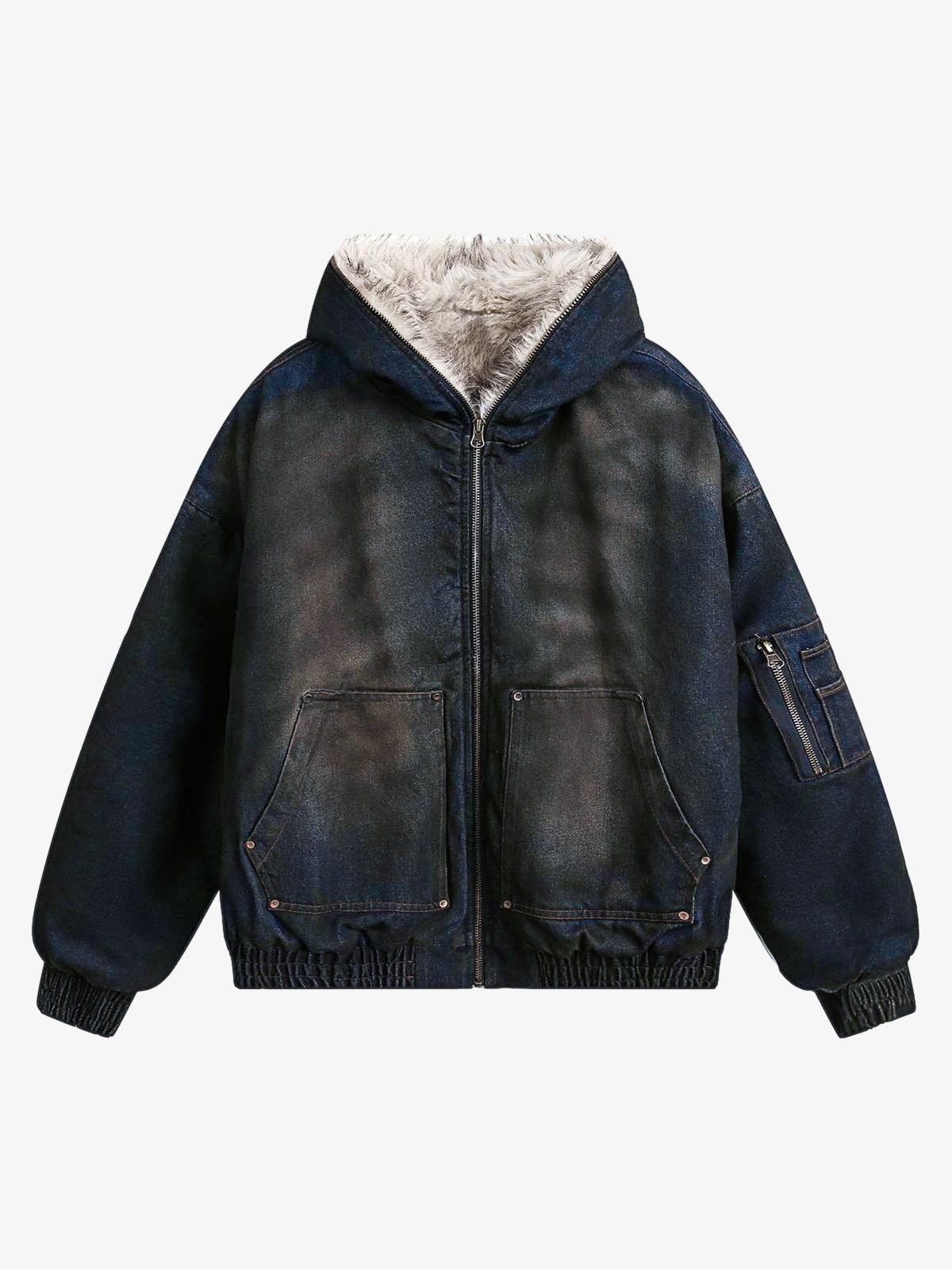 Fur Hooded Washed Cotton Ceket