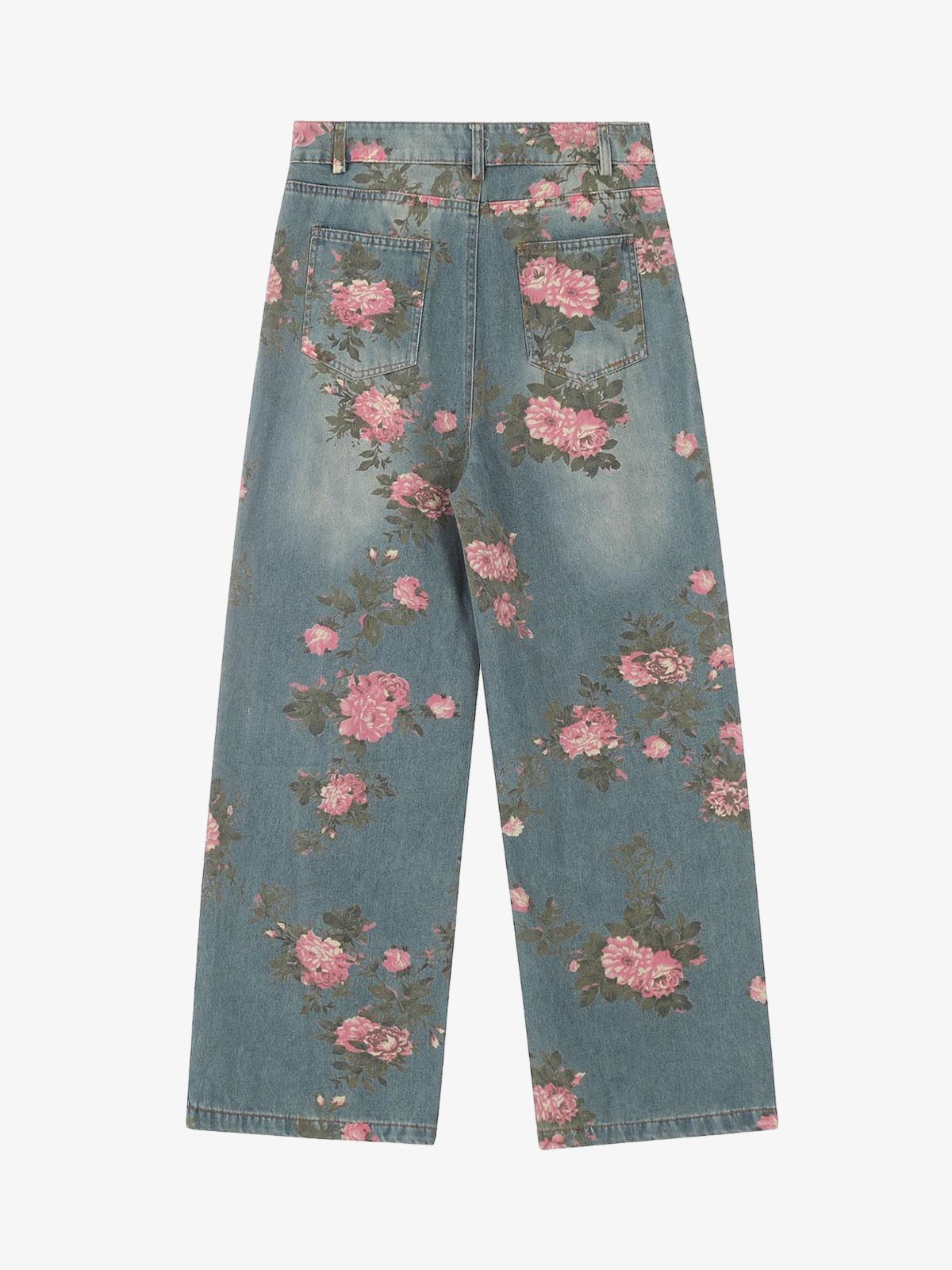 Retro Çiçek Baskılı Straight Jean