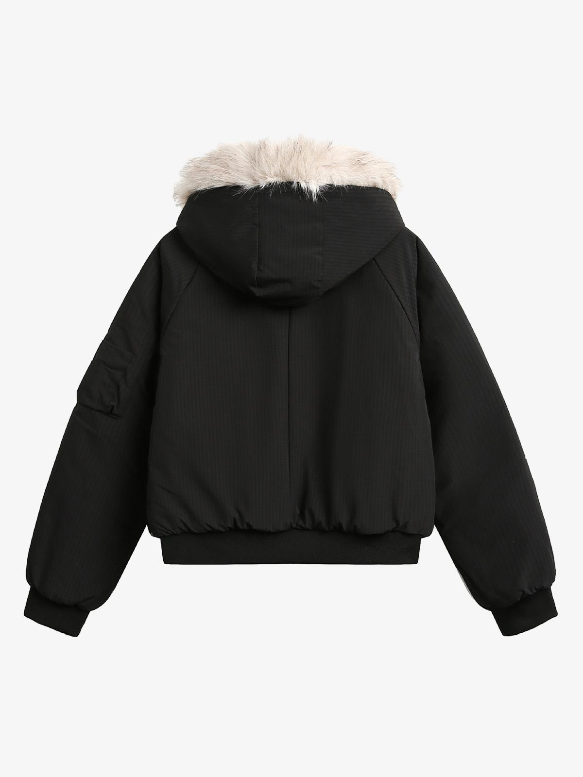 Retro Kürklü Kapüşonlu Fleece Bomber Ceket