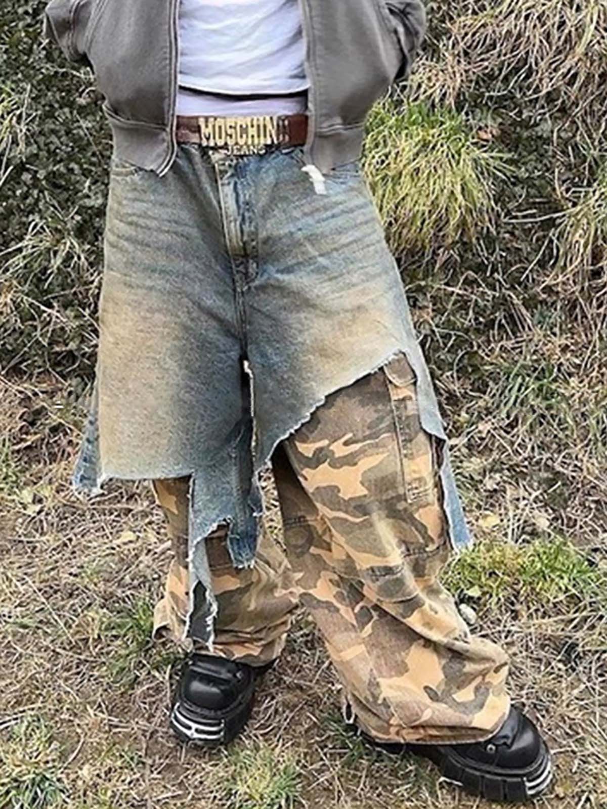 Retro Dikiş Detaylı İkili Görünümlü Kamuflaj Jean