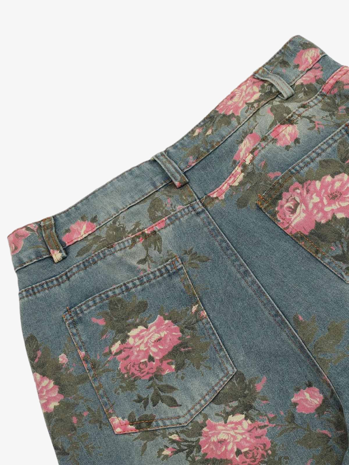 Retro Çiçek Baskılı Straight Jean