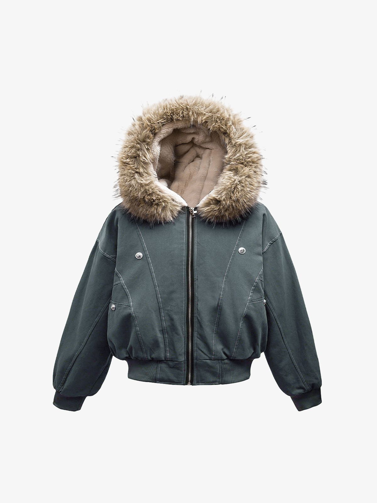 Faux Fur Astarlı Kapüşonlu Bomber Ceket