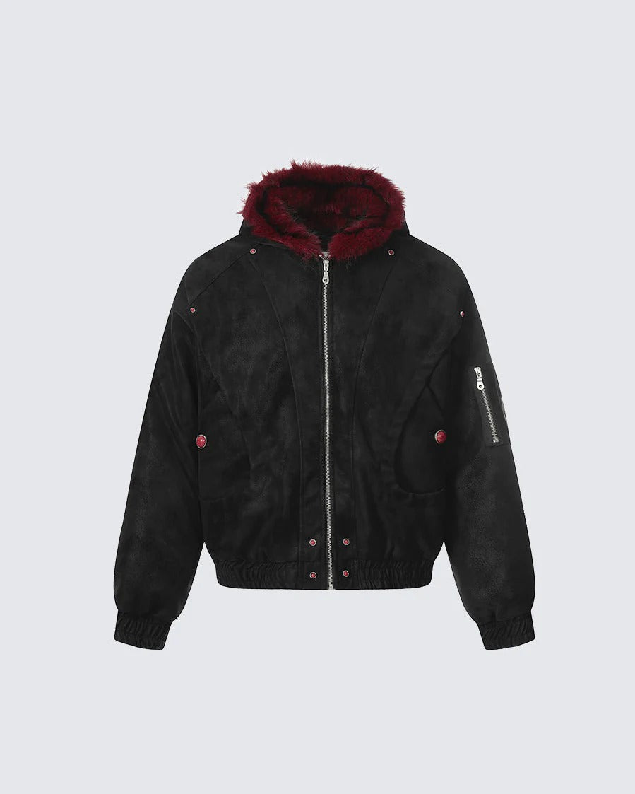 UrbanLaws Noir Crimson Kırmızı Kürklü Ceket