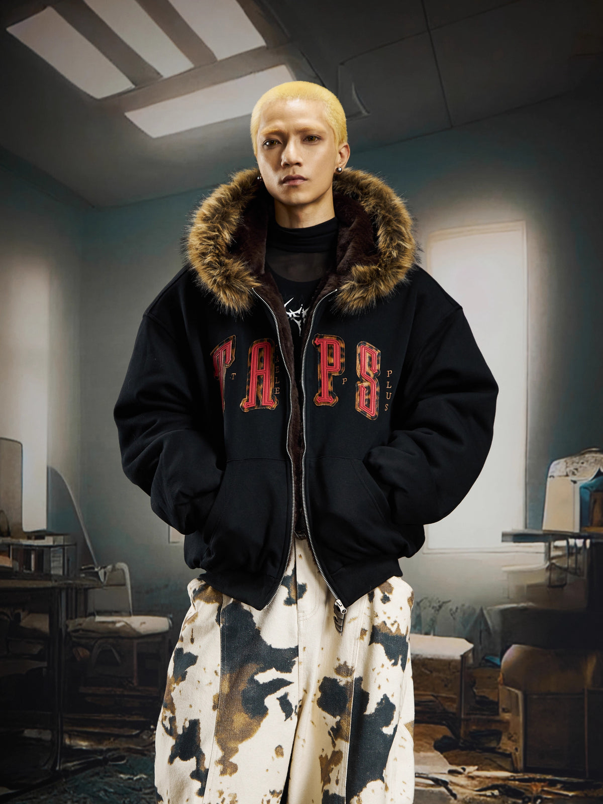 UrbanLaws Kürk Kapüşonlu Oversize Logo Hoodie Mont