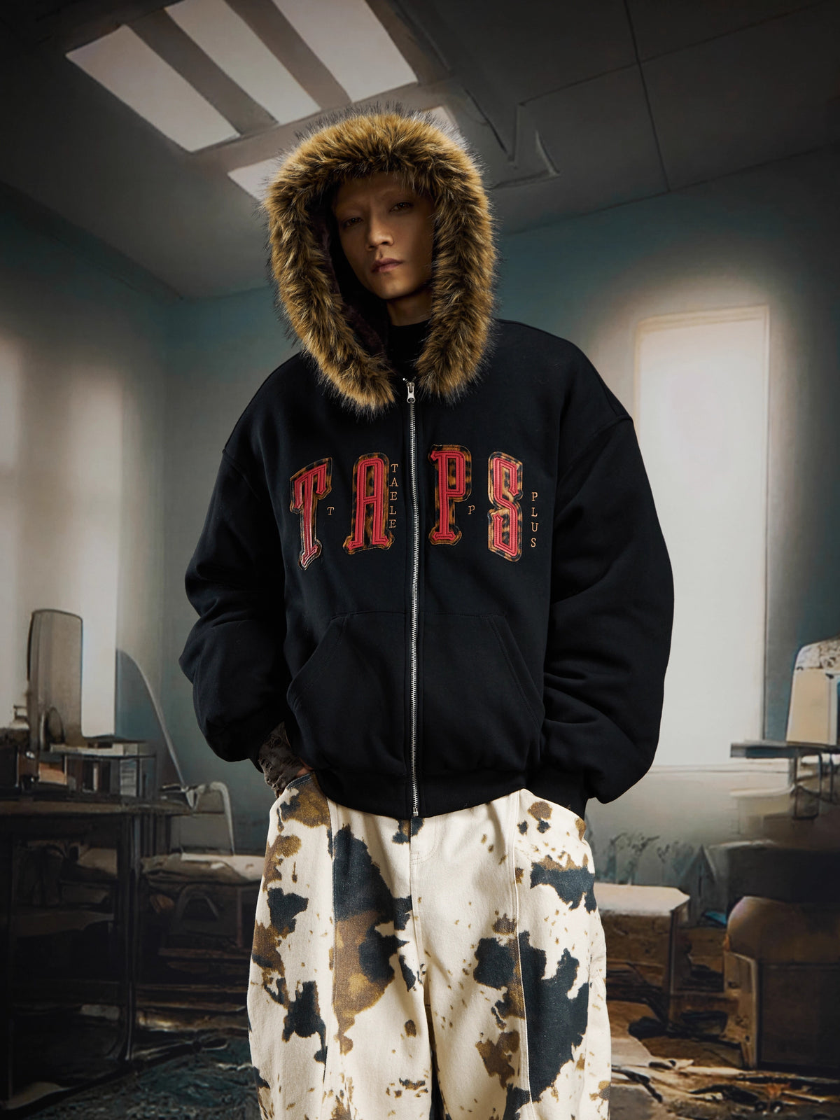 UrbanLaws Kürk Kapüşonlu Oversize Logo Hoodie Mont