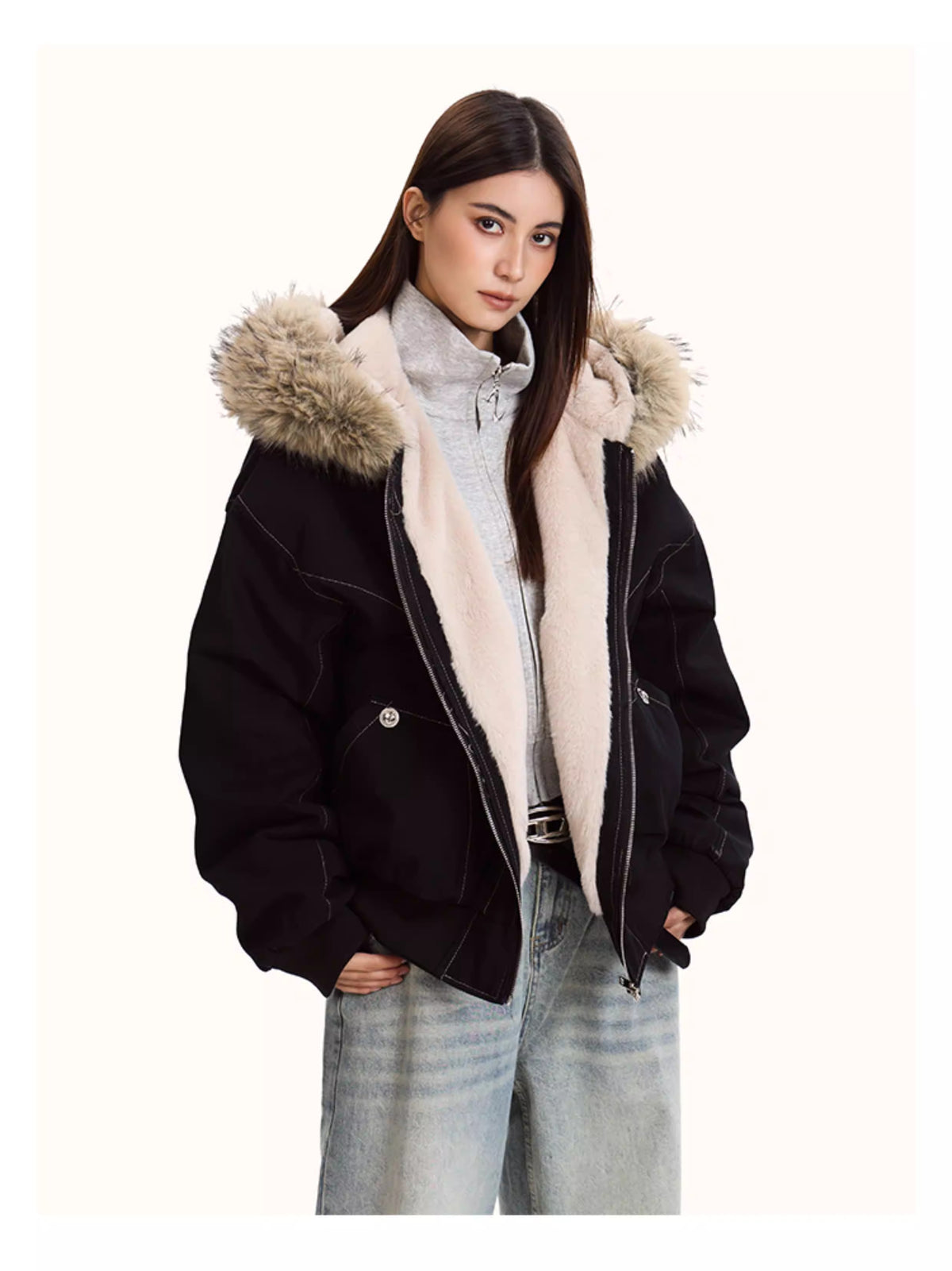 Faux Fur Astarlı Kapüşonlu Bomber Ceket