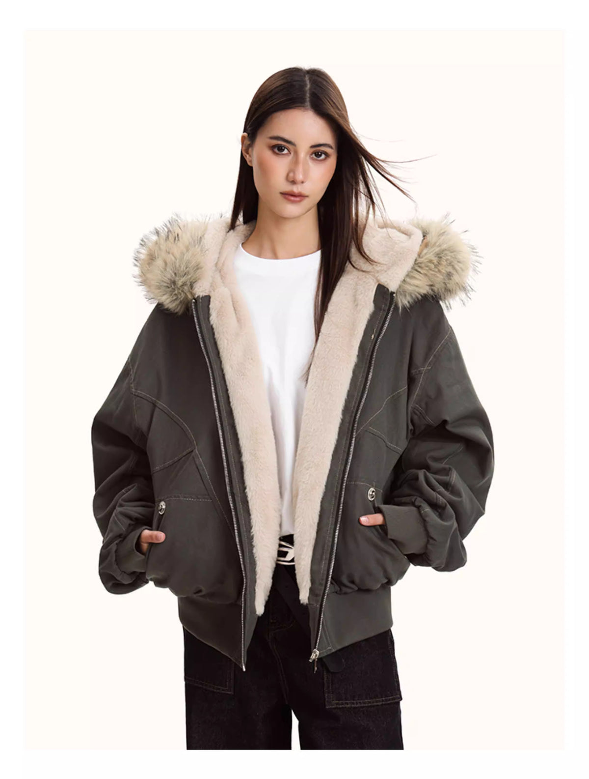 Faux Fur Astarlı Kapüşonlu Bomber Ceket