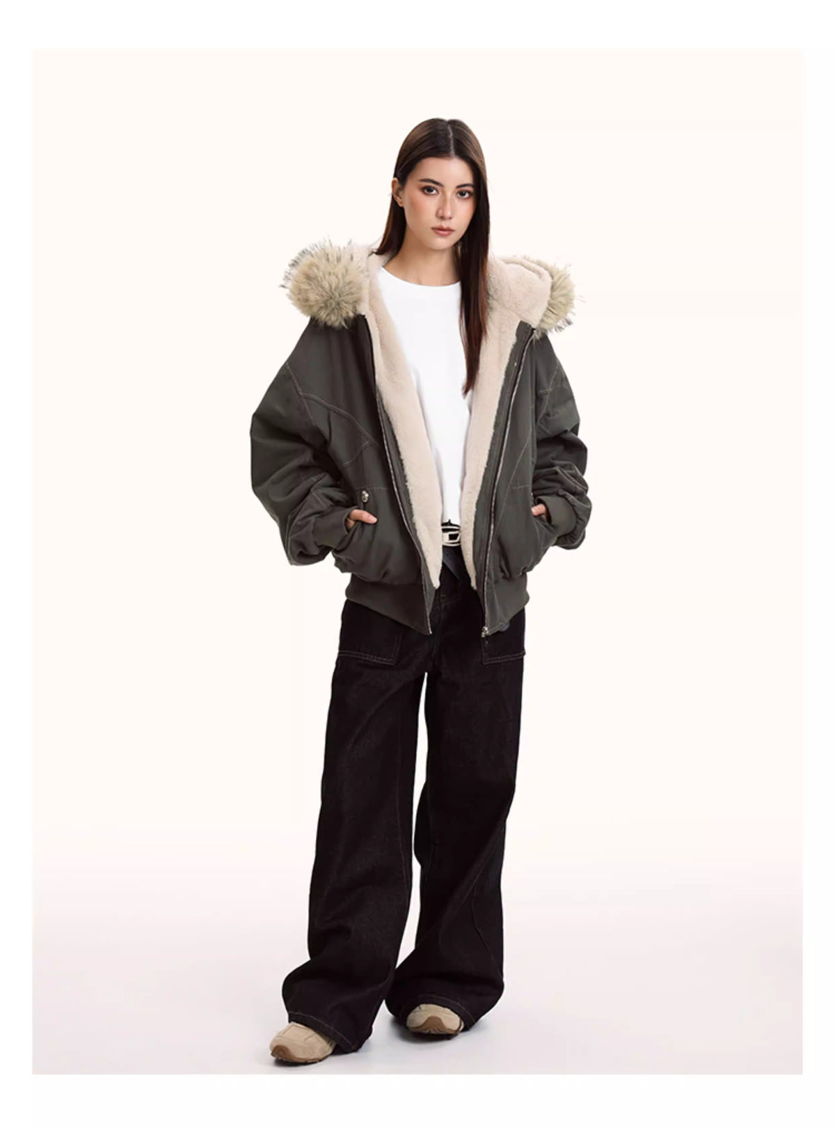 Faux Fur Astarlı Kapüşonlu Bomber Ceket