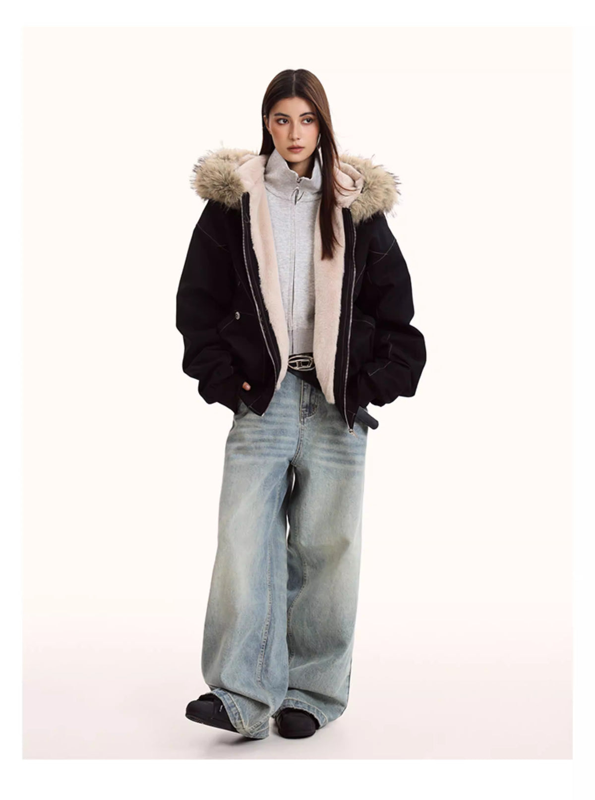 Faux Fur Astarlı Kapüşonlu Bomber Ceket