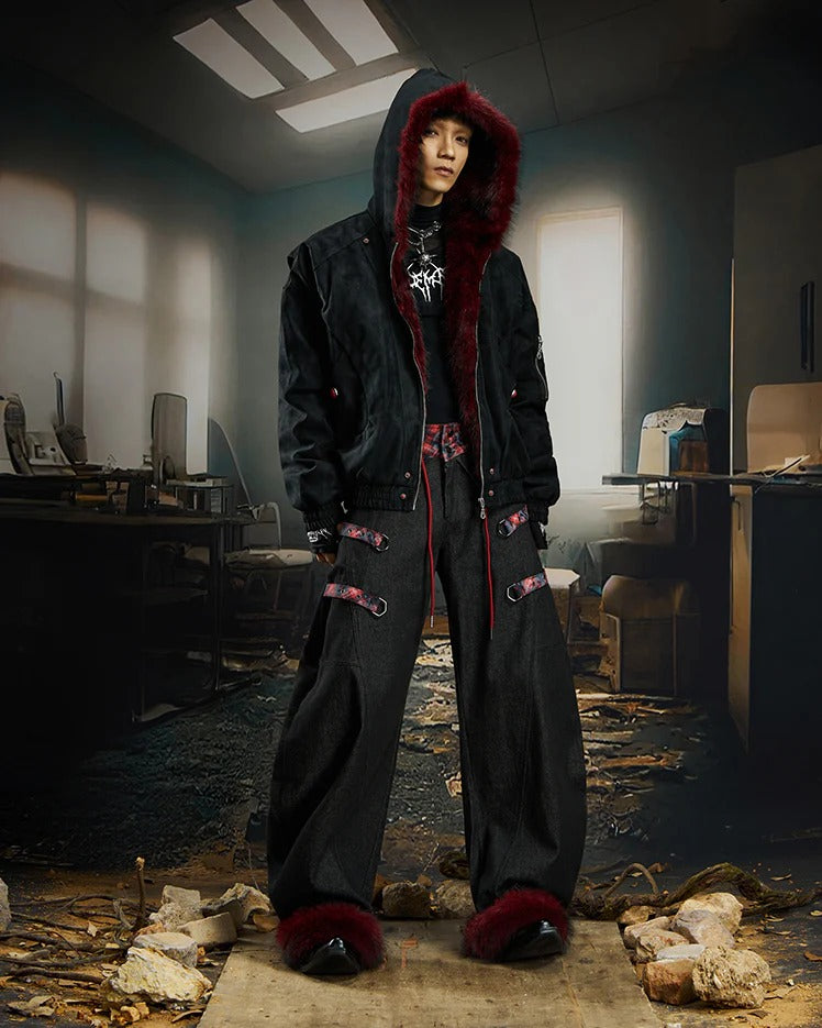 UrbanLaws Noir Crimson Kırmızı Kürklü Ceket