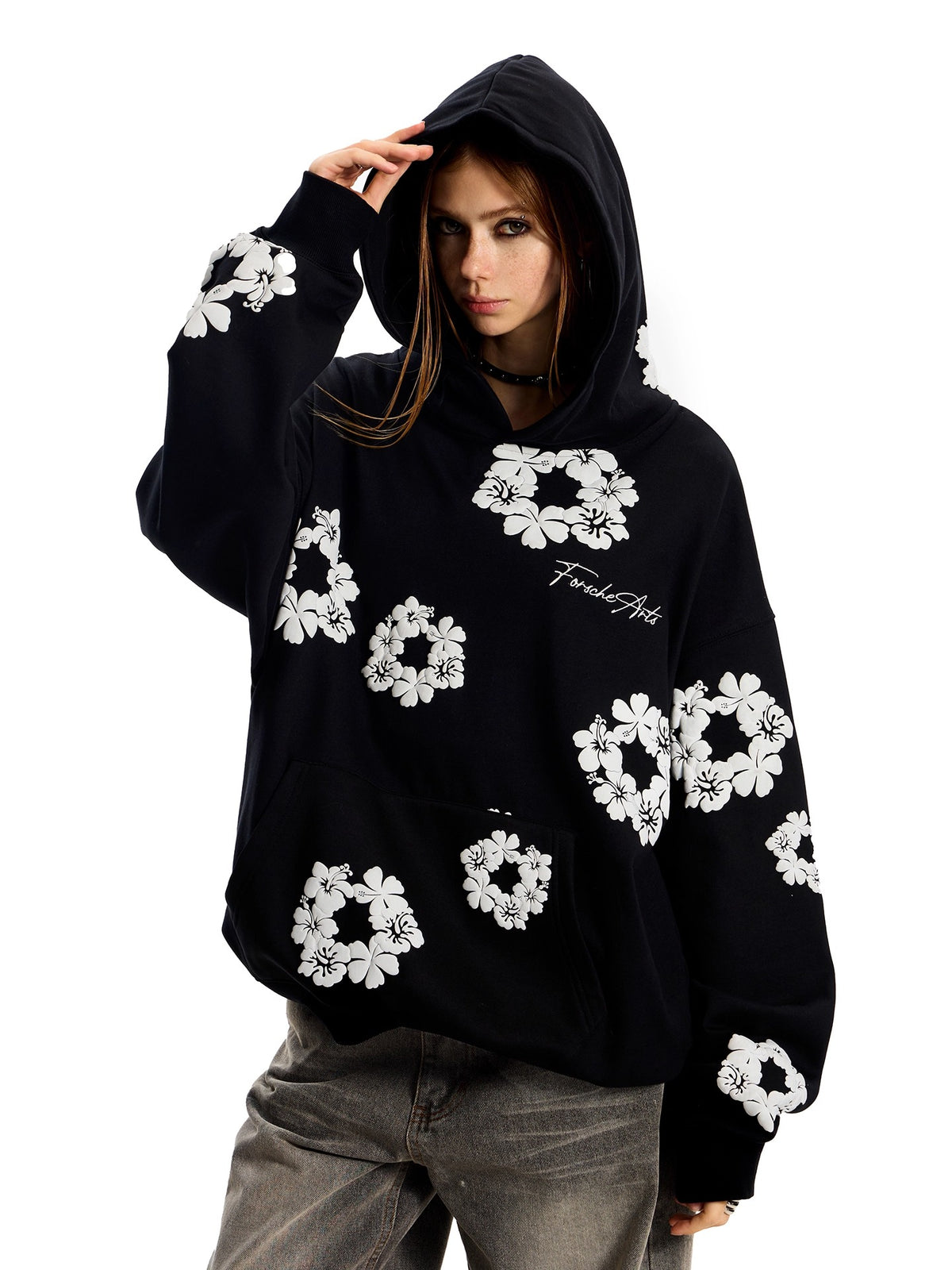 UrbanLaws Floral Oversize Kapüşonlu Hoodie