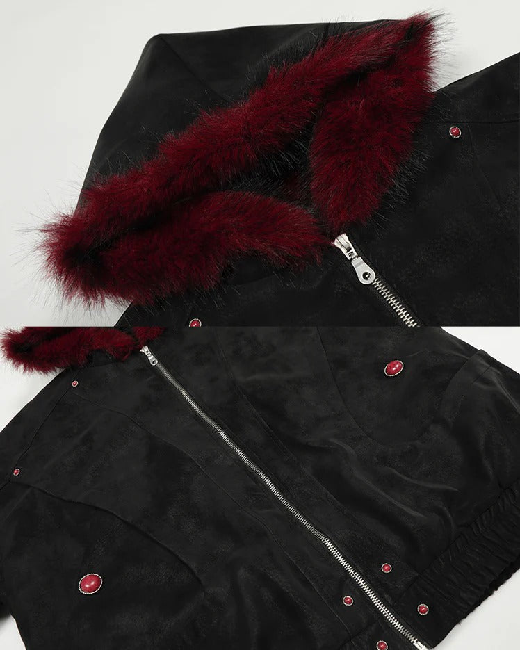 UrbanLaws Noir Crimson Kırmızı Kürklü Ceket