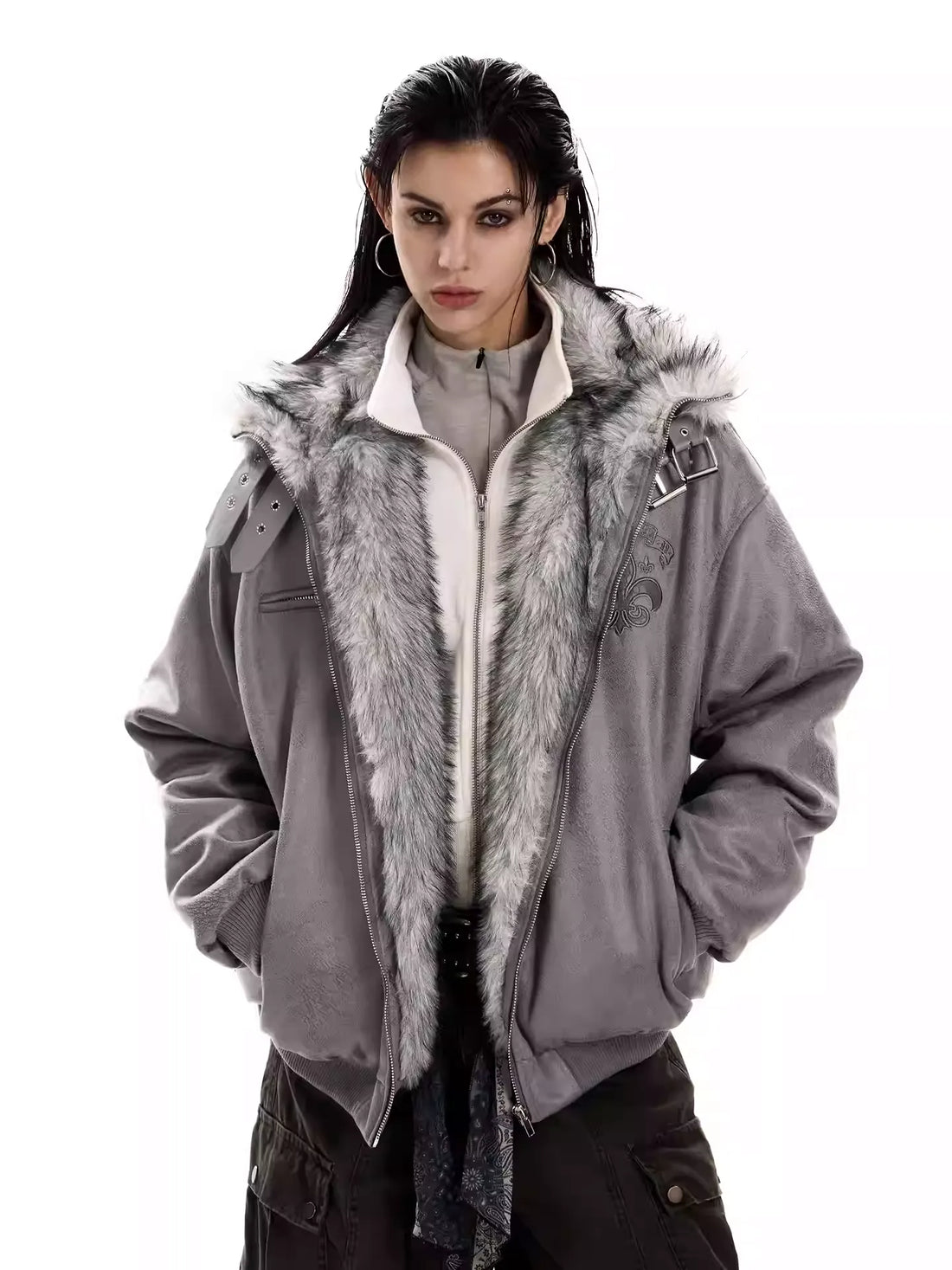 UrbanLaws Geniş Kürk Yakalı Süet Bomber Ceket