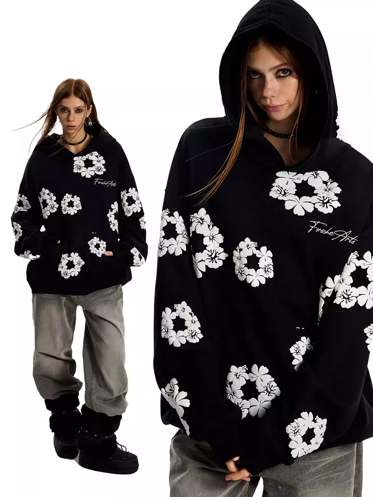UrbanLaws Floral Oversize Kapüşonlu Hoodie