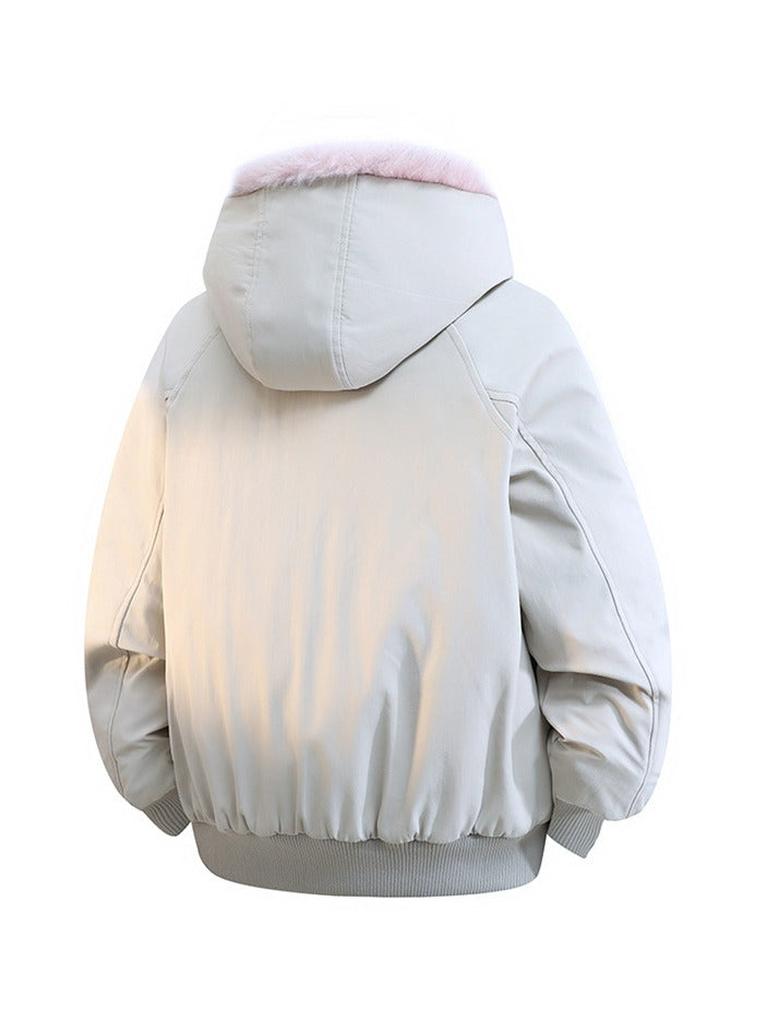 Retro Kontrast Kürklü Bomber Ceket krem, arkadan görünüm