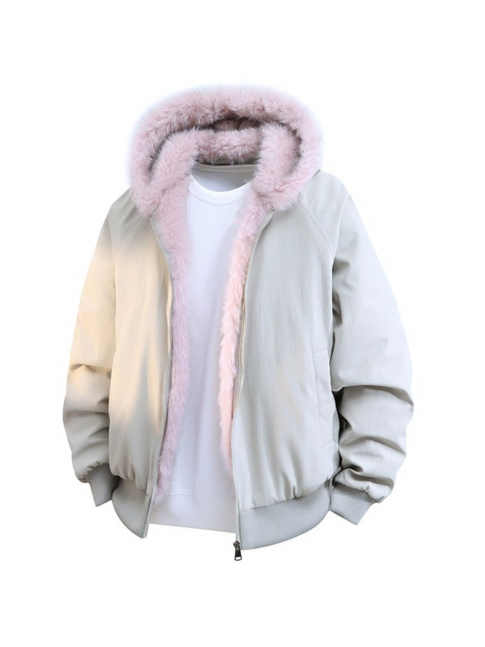 Retro Kontrast Kürklü Bomber Ceket krem, pembe kürklü kapüşon, önden görünüm